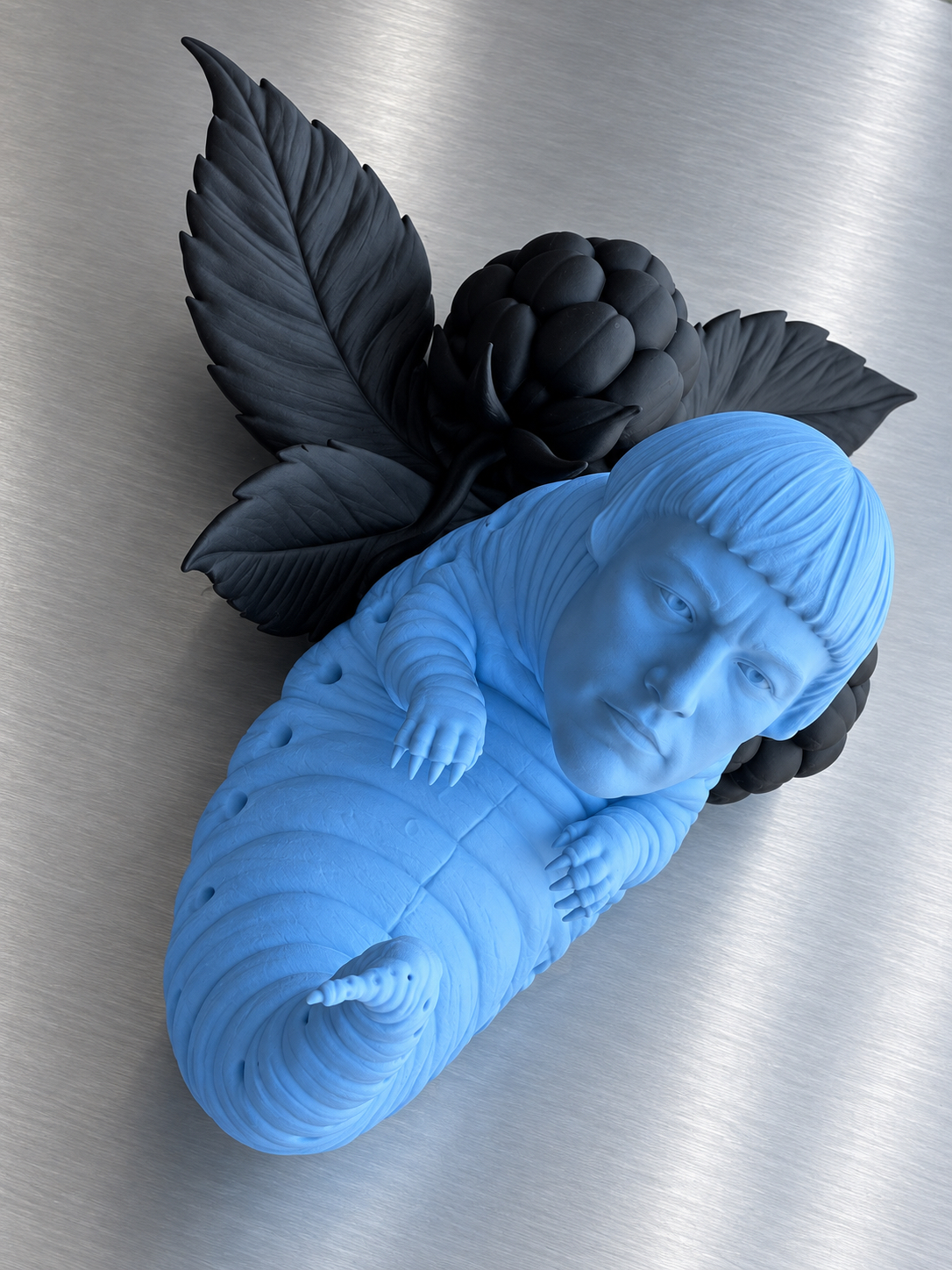 Larval self-portrait emerging among raspberry leaves