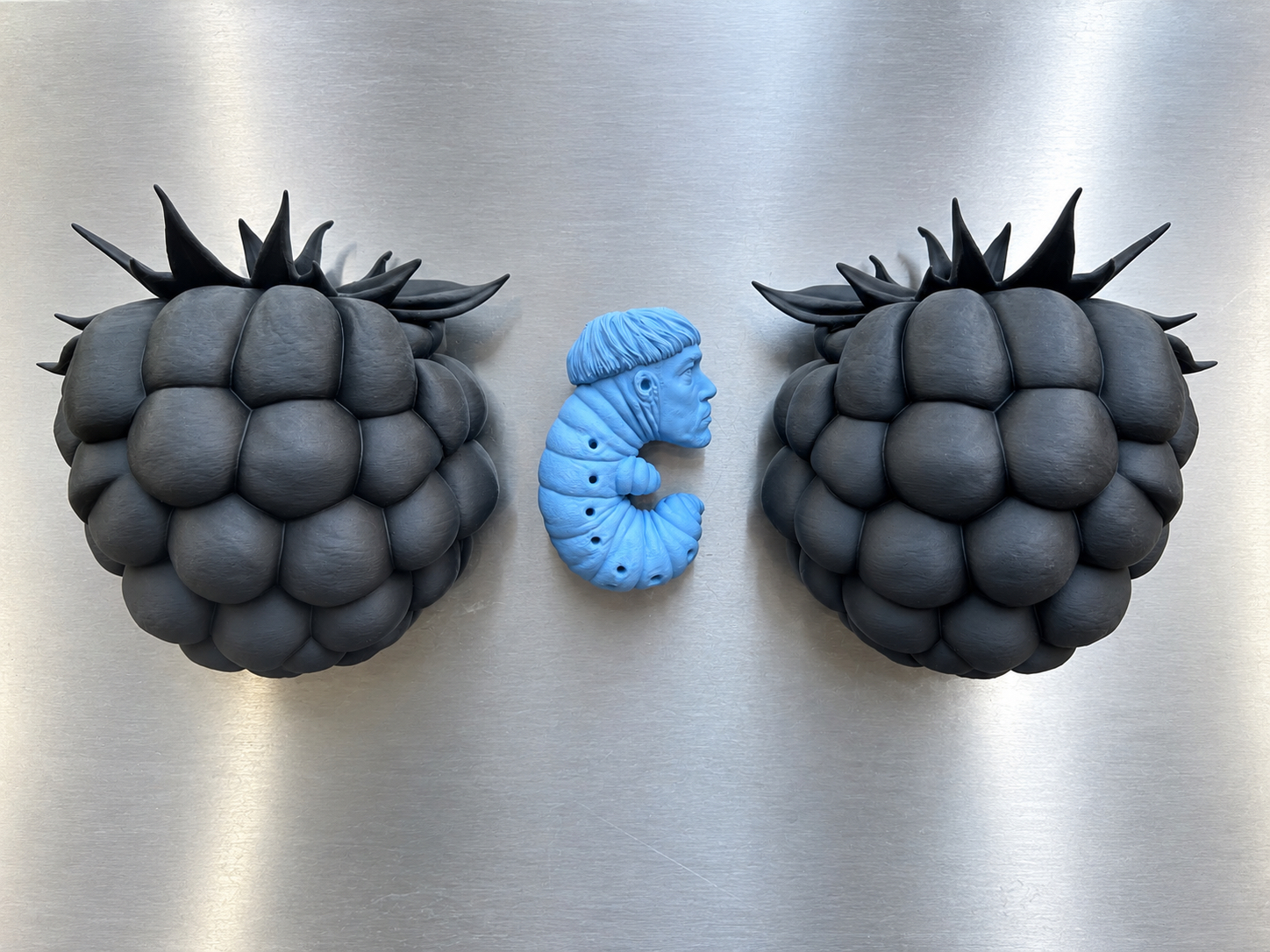 A larva sheltered between two black raspberries