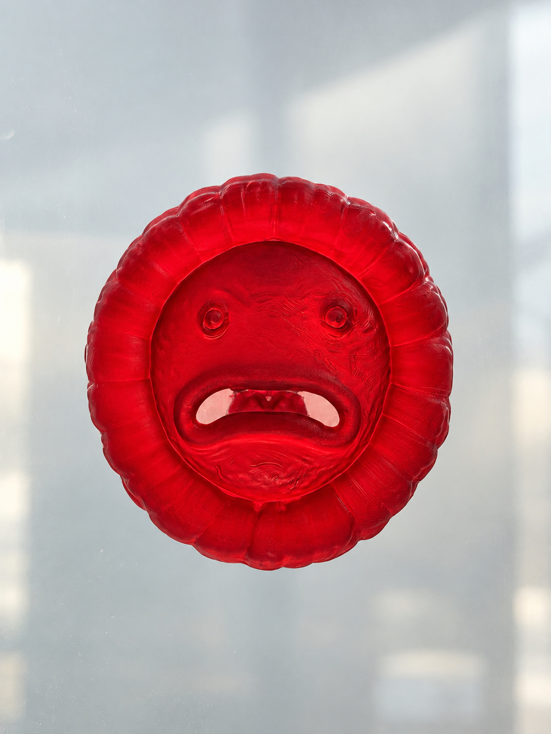 Cashhole red resin microsculpture, frontal view
