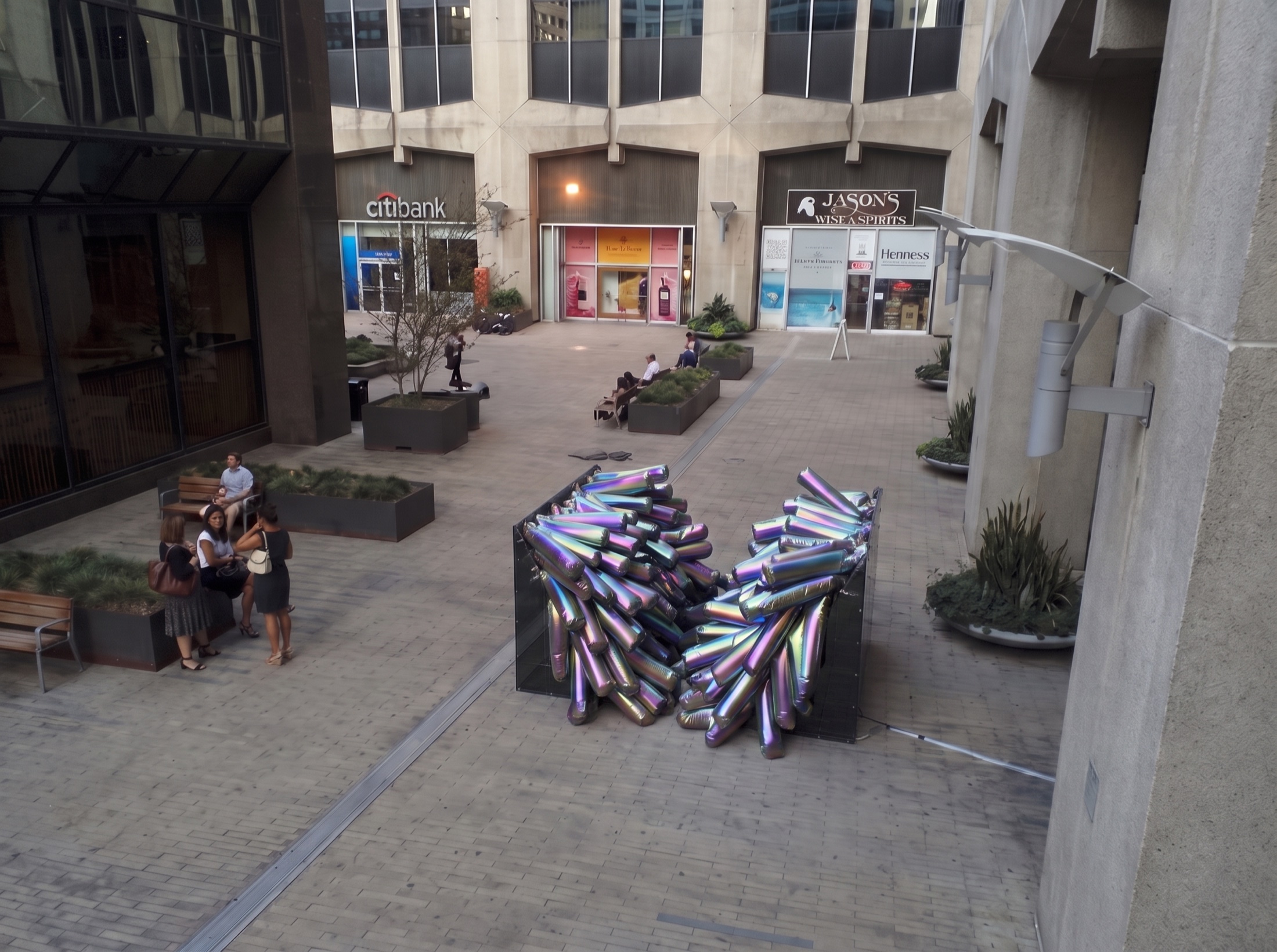 Elevated view of 340 Tentacles installed in a downtown Los Angeles pedestrian plaza