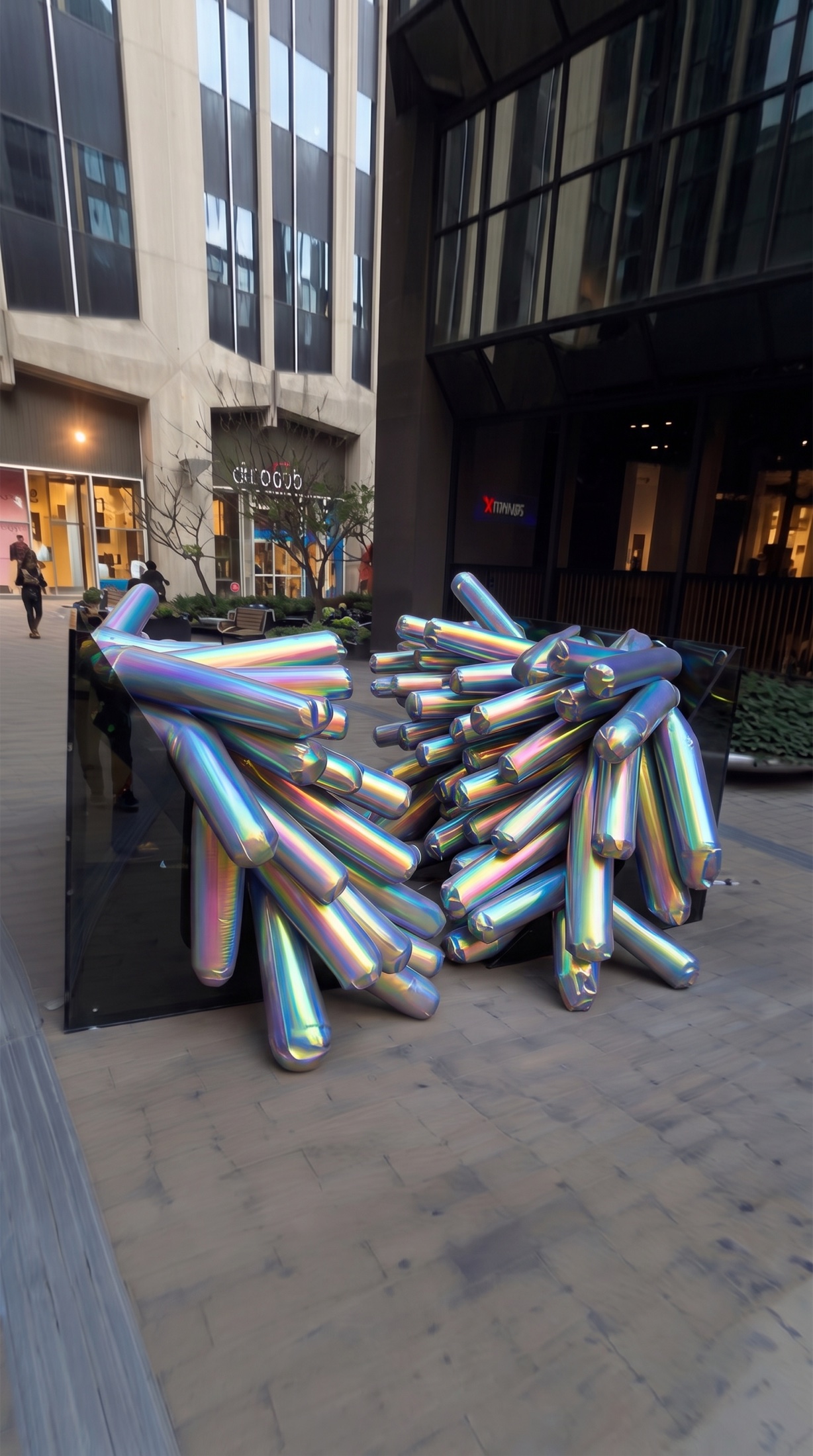 Vertical view of the iridescent inflatable tentacles gathered around the entrance of the installation