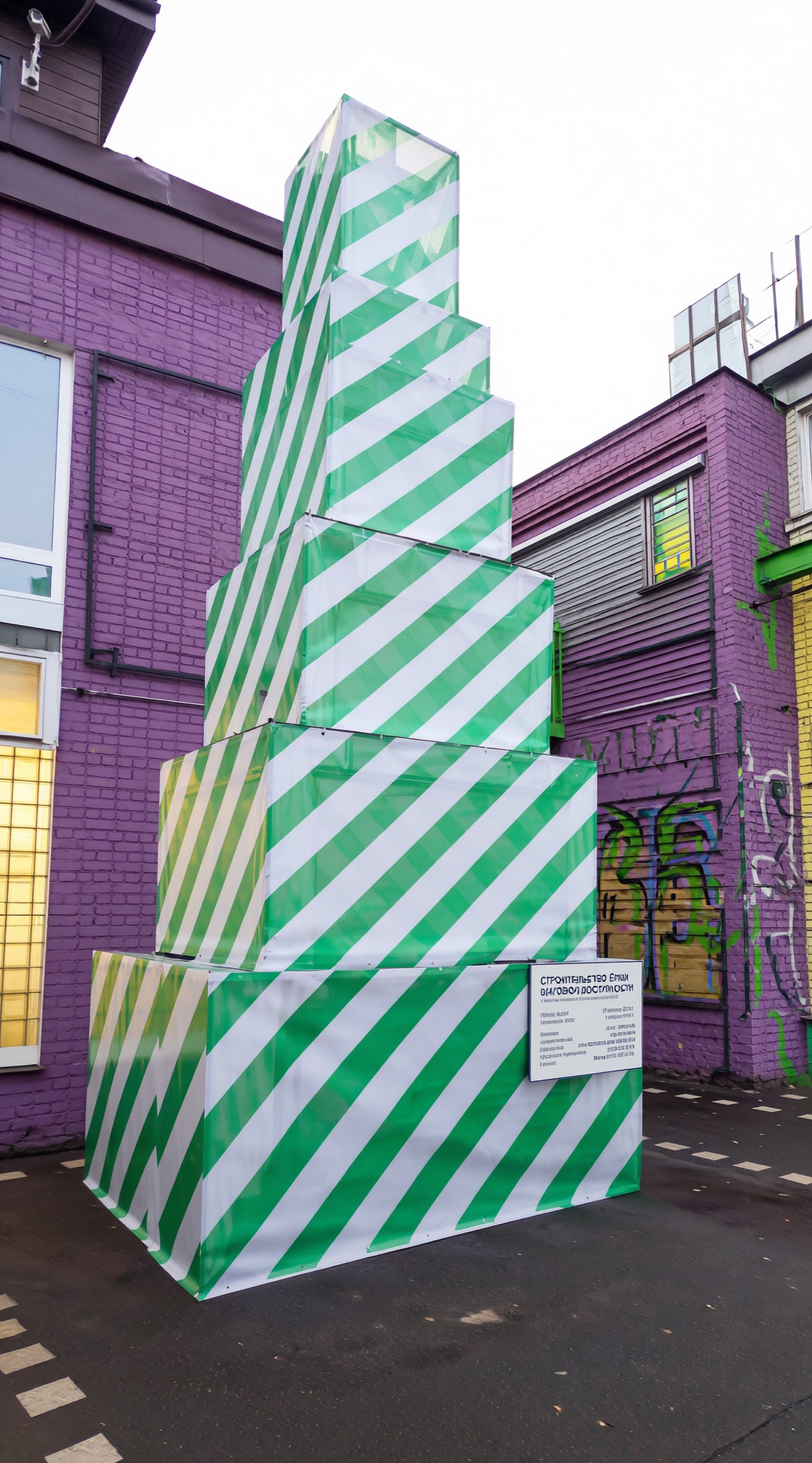 Day view of Christmas Tree Under Construction wrapped in green and white striped renovation material