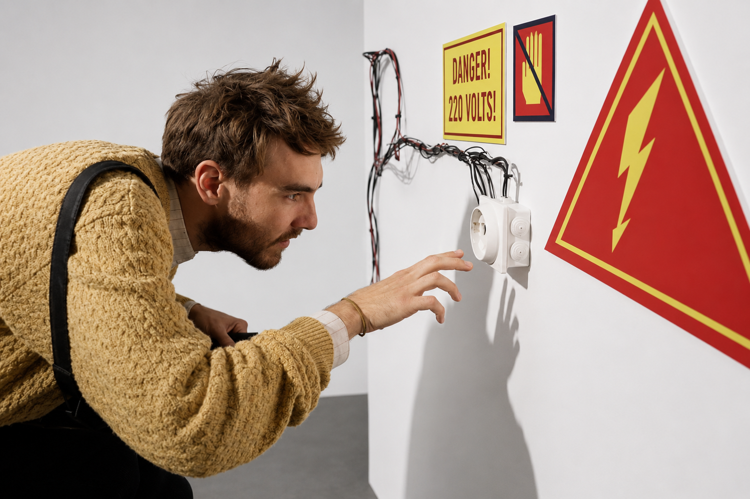 Visitor reaching toward the socket in Curiosity Score, an interactive wall installation with electrical warning signs