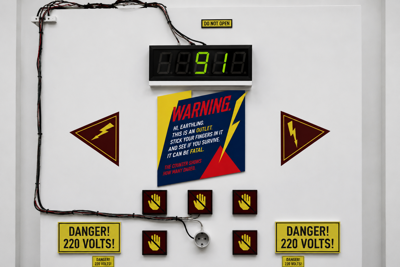 Curiosity Score wall installation with score counter, warning signs, wiring, and socket