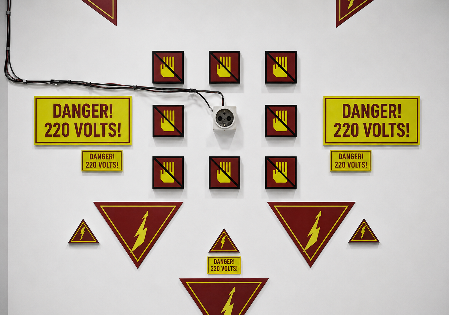 Curiosity Score wall detail with socket, warning symbols, and printed signs