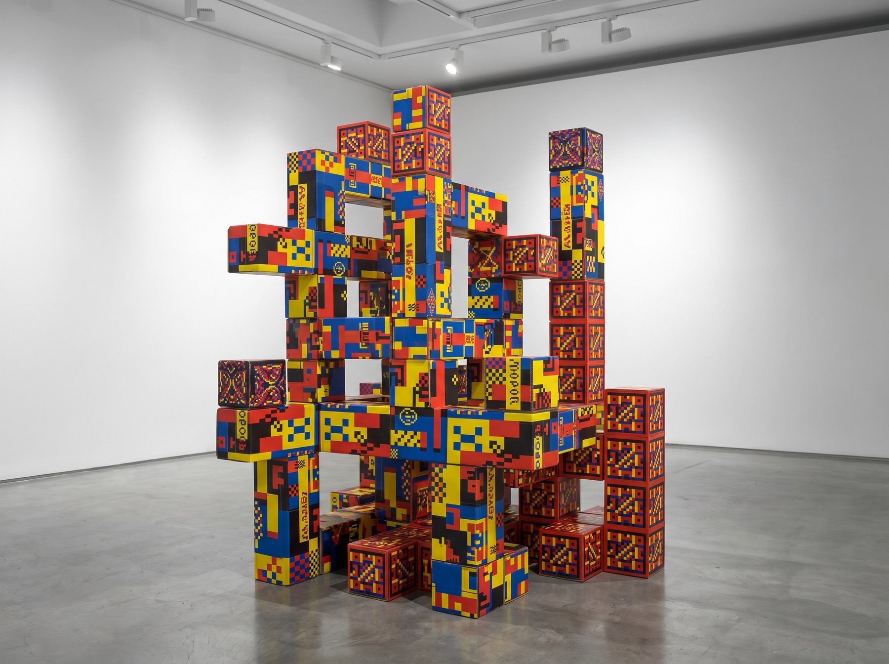 Tall Pangan Tetris participatory construction in a gallery setting