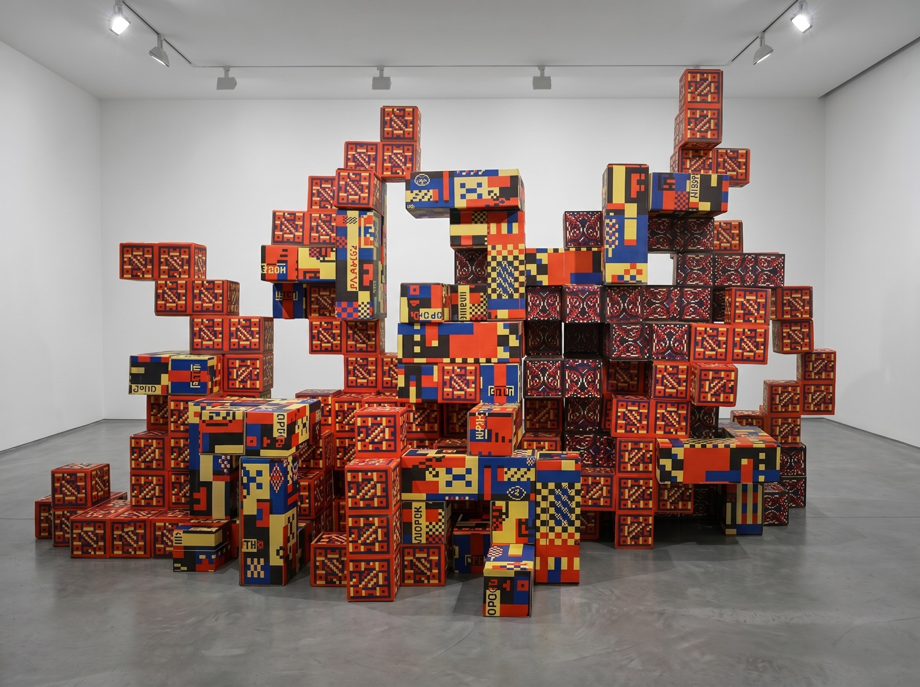 Wide Pangan Tetris construction assembled from many printed cardboard modules