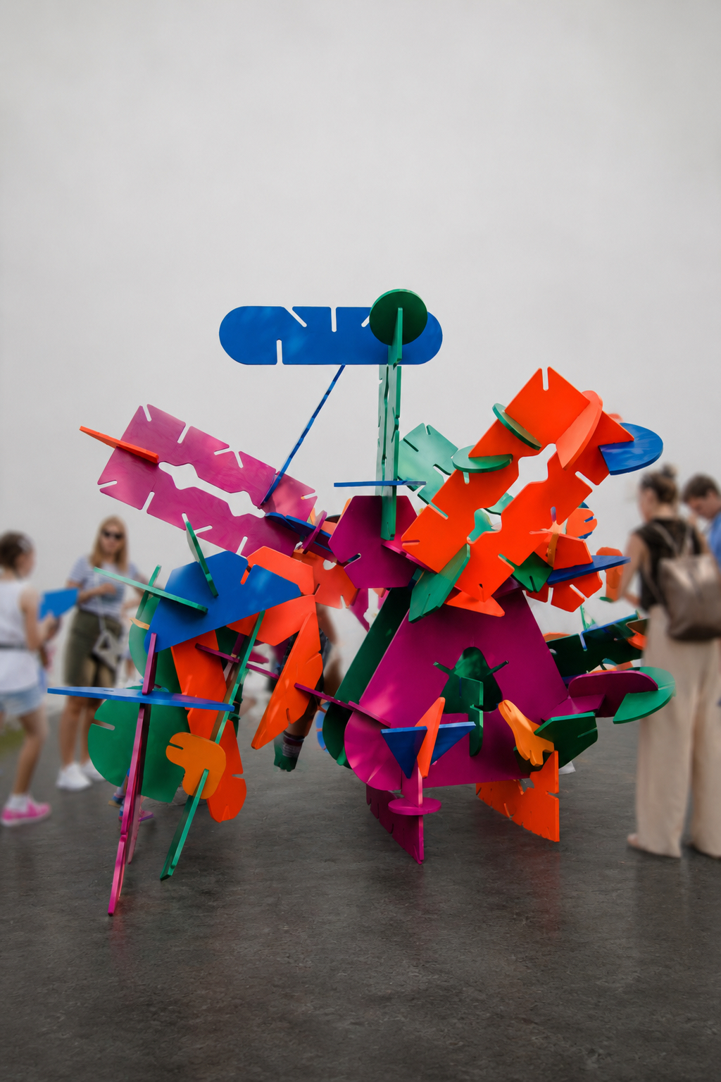 Slap Dash Slot assembled from brightly painted interlocking plywood elements with visitors nearby