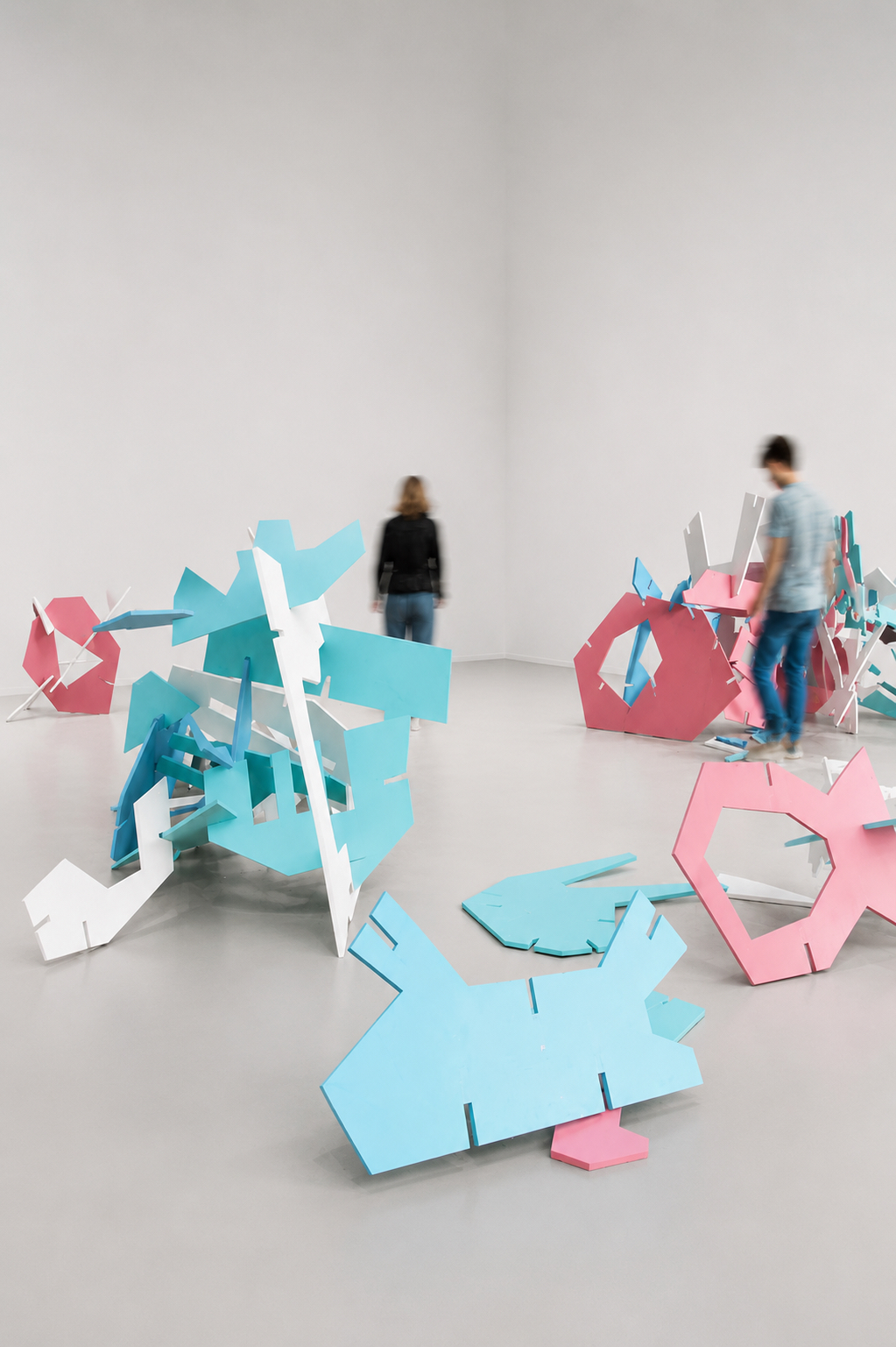 Visitors moving through Slap Dash Slot components in a gallery space