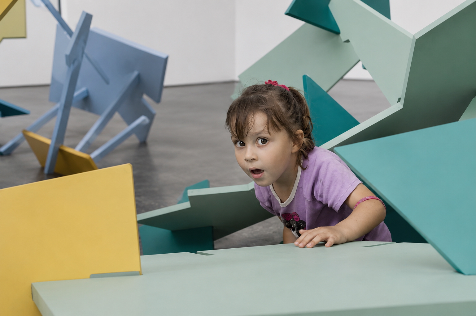 Child among Slap Dash Slot assembled plywood elements