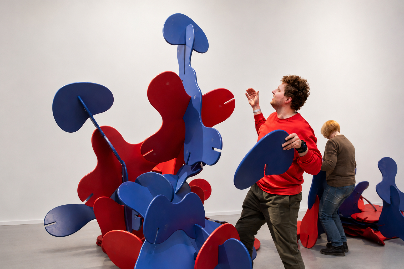 Visitors assembling red and blue Slap Dash Slot elements