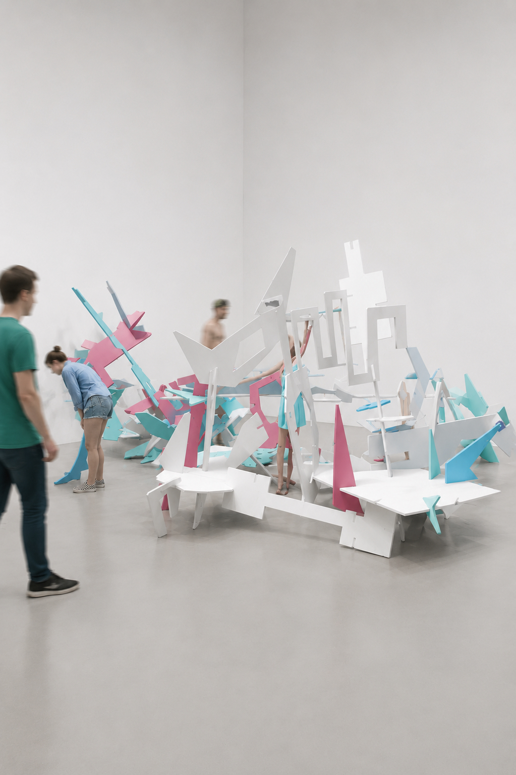 Visitors around white, pink, and blue Slap Dash Slot components
