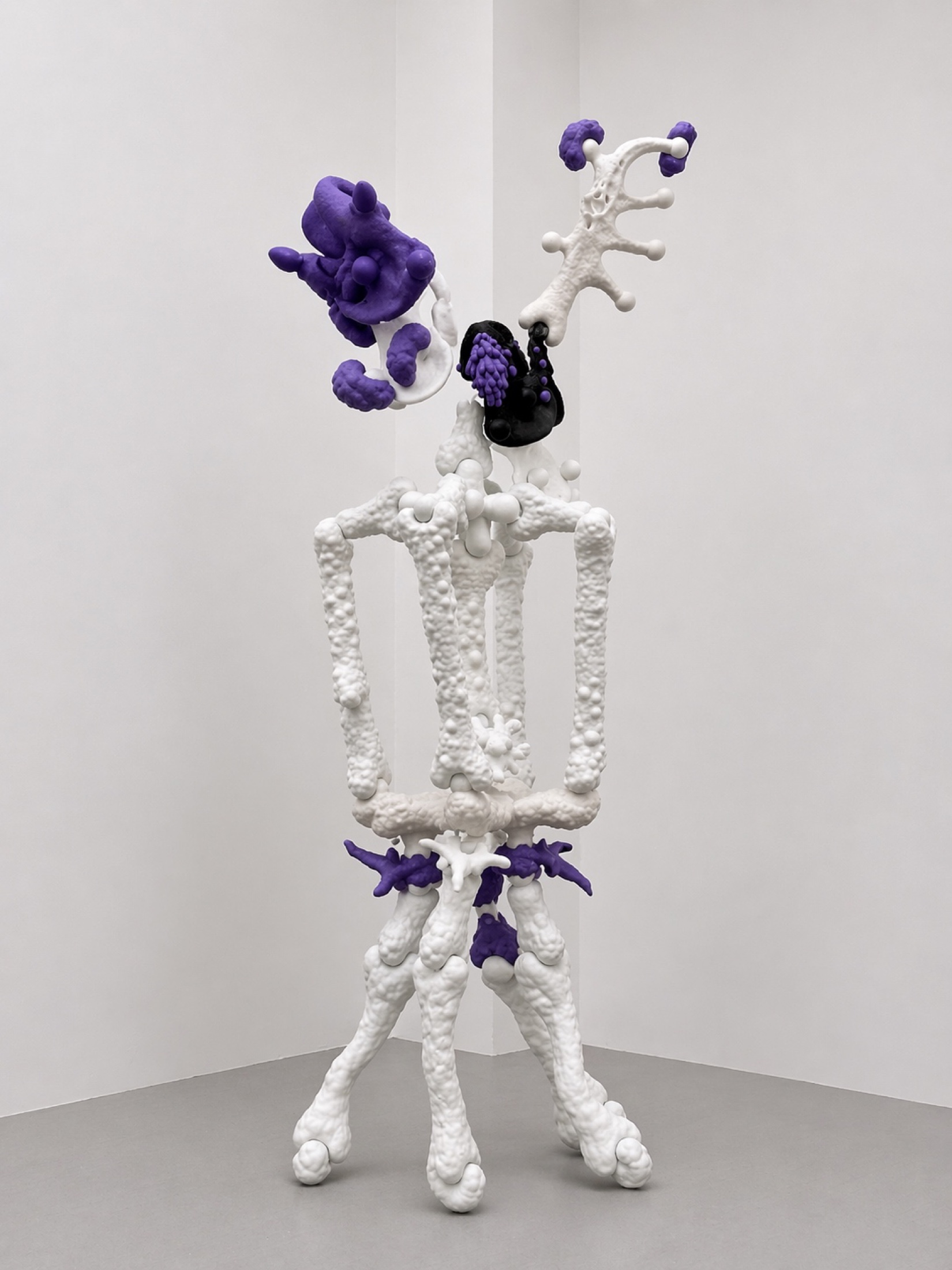 White and purple Rebone organizm’os skeletal structure standing in a gallery corner
