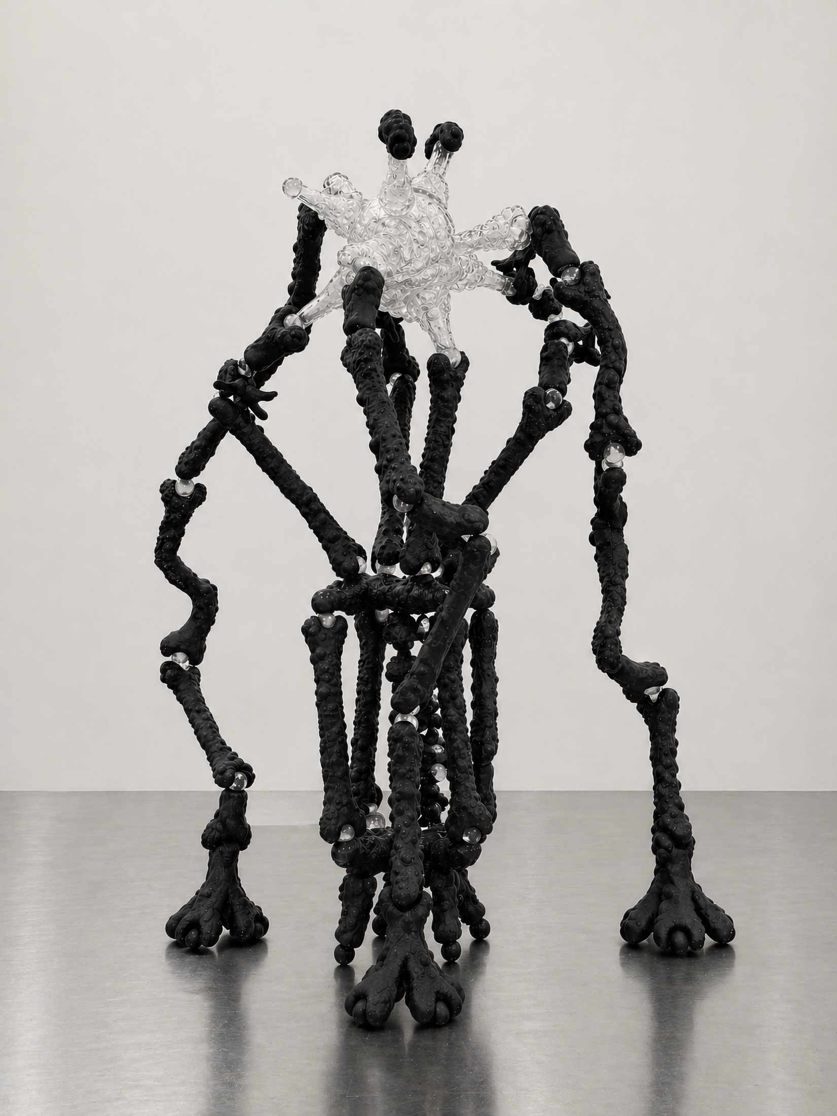 Black and translucent Rebone organizm’os skeletal structure assembled on a gallery floor