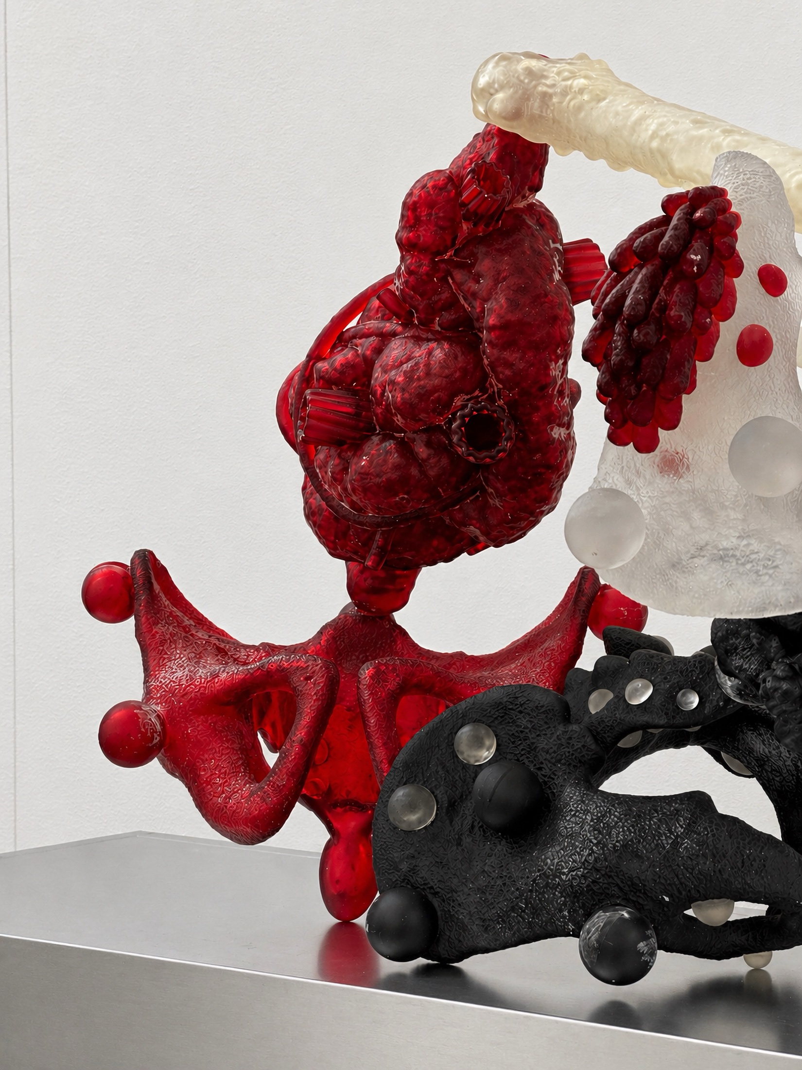 Close view of red and translucent Rebone organizm’os elements connected to black modular parts