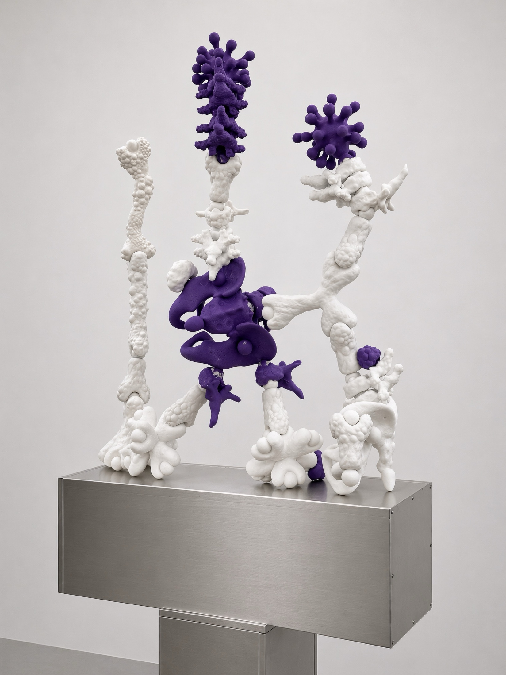 White and purple Rebone organizm’os structure on a metal plinth