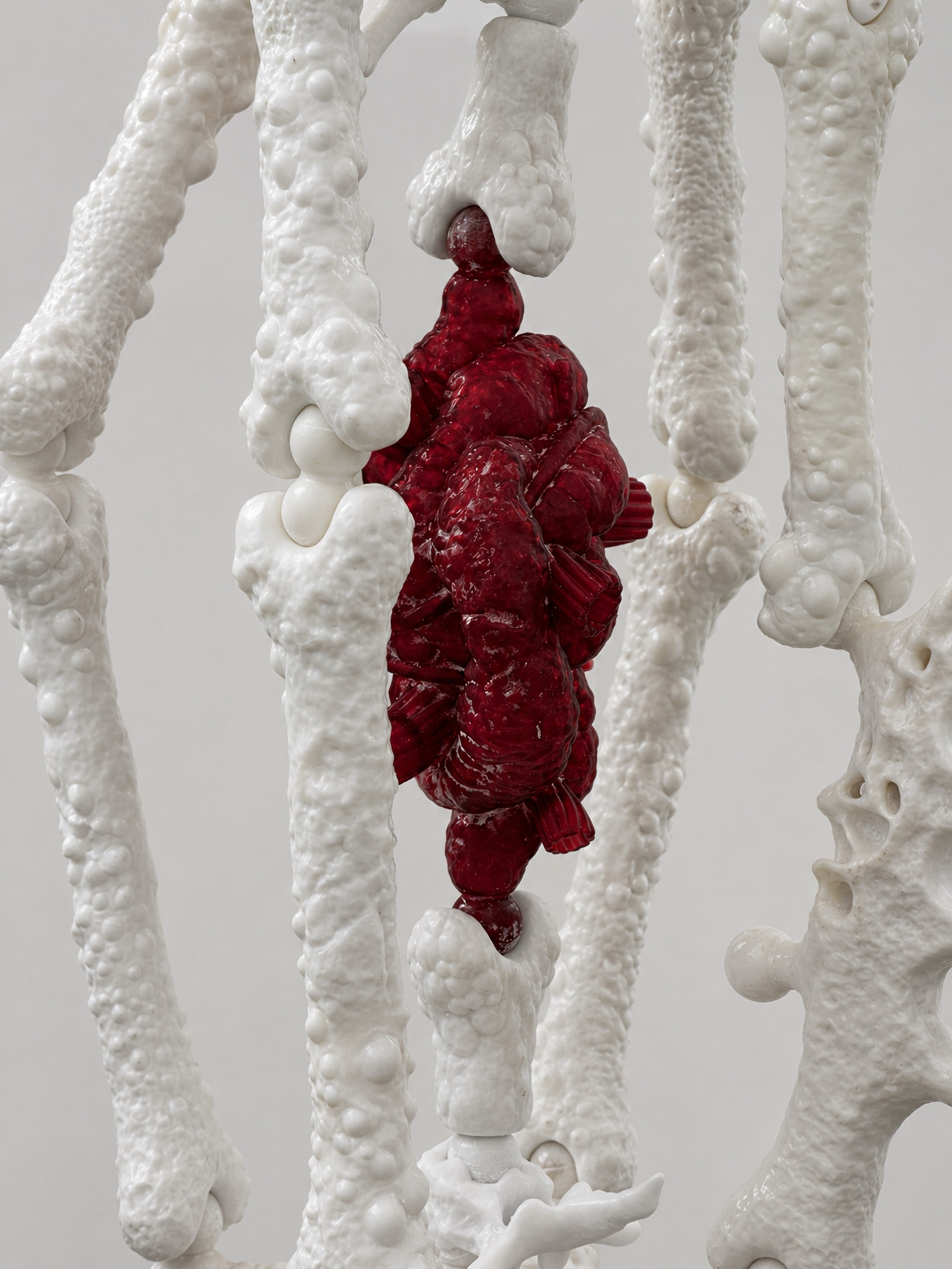 Red organ element suspended inside white Rebone organizm’os bones