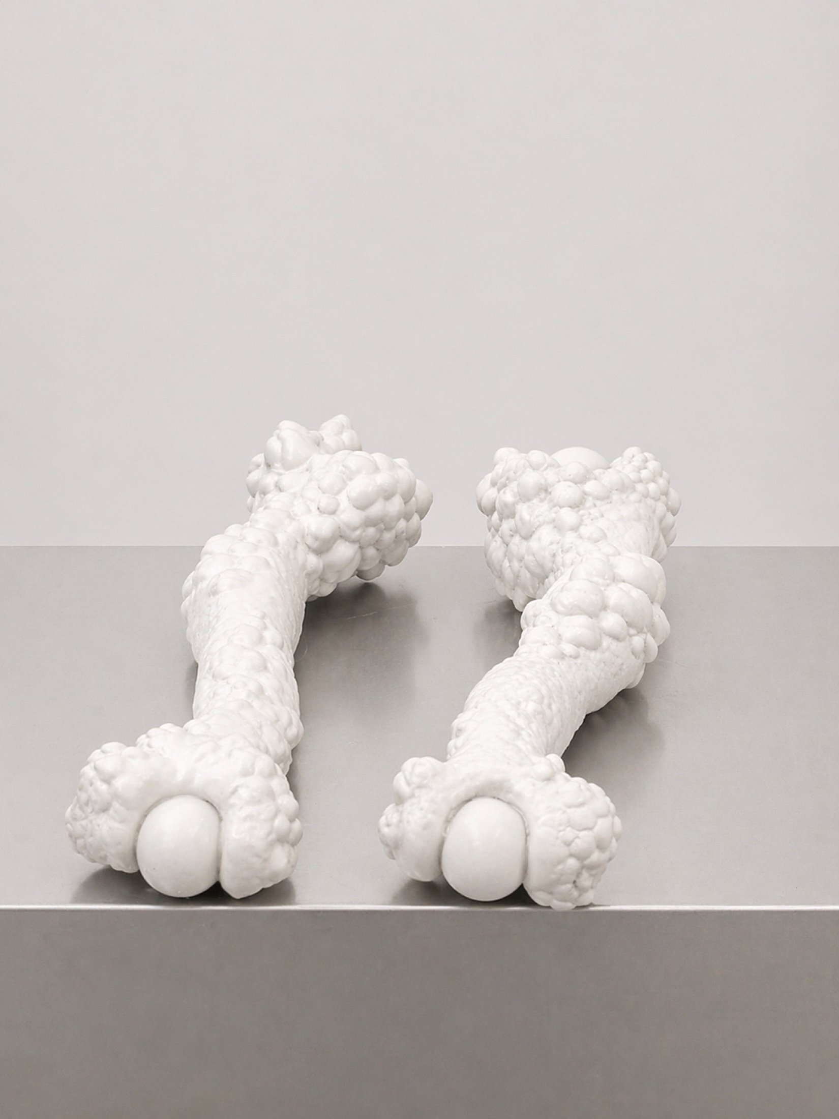 Two white Rebone organizm'os bone-like modules resting on a metal surface