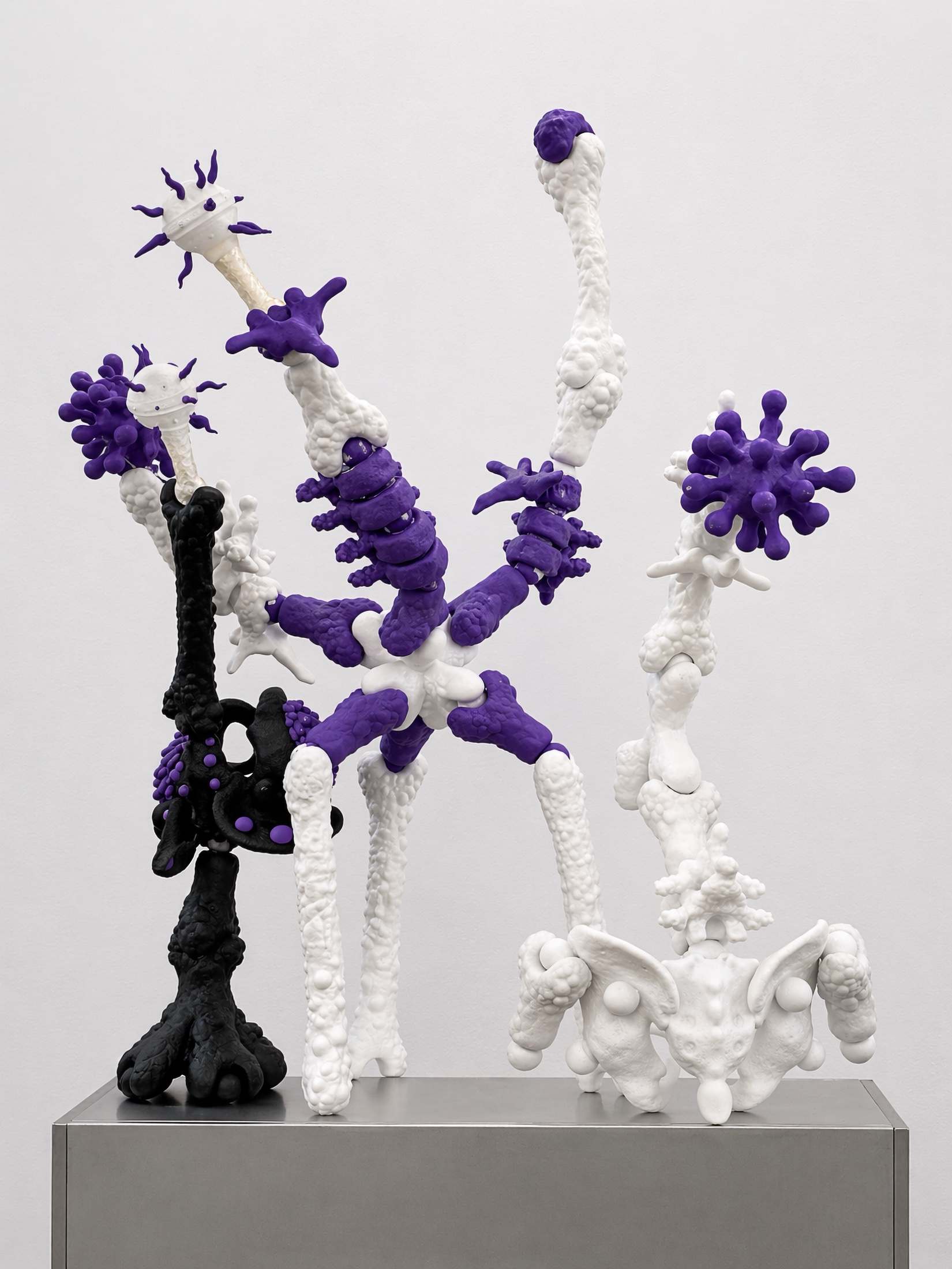 White, purple, and black Rebone organizm’os structures arranged on a metal plinth