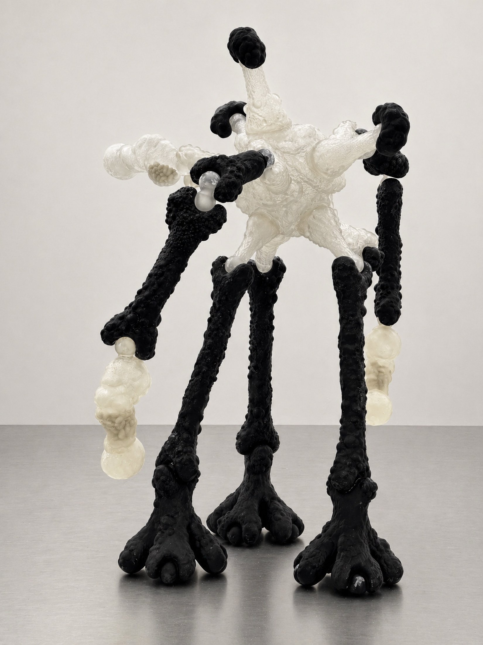 Black and translucent Rebone organizm'os standing organism with long bone-like legs