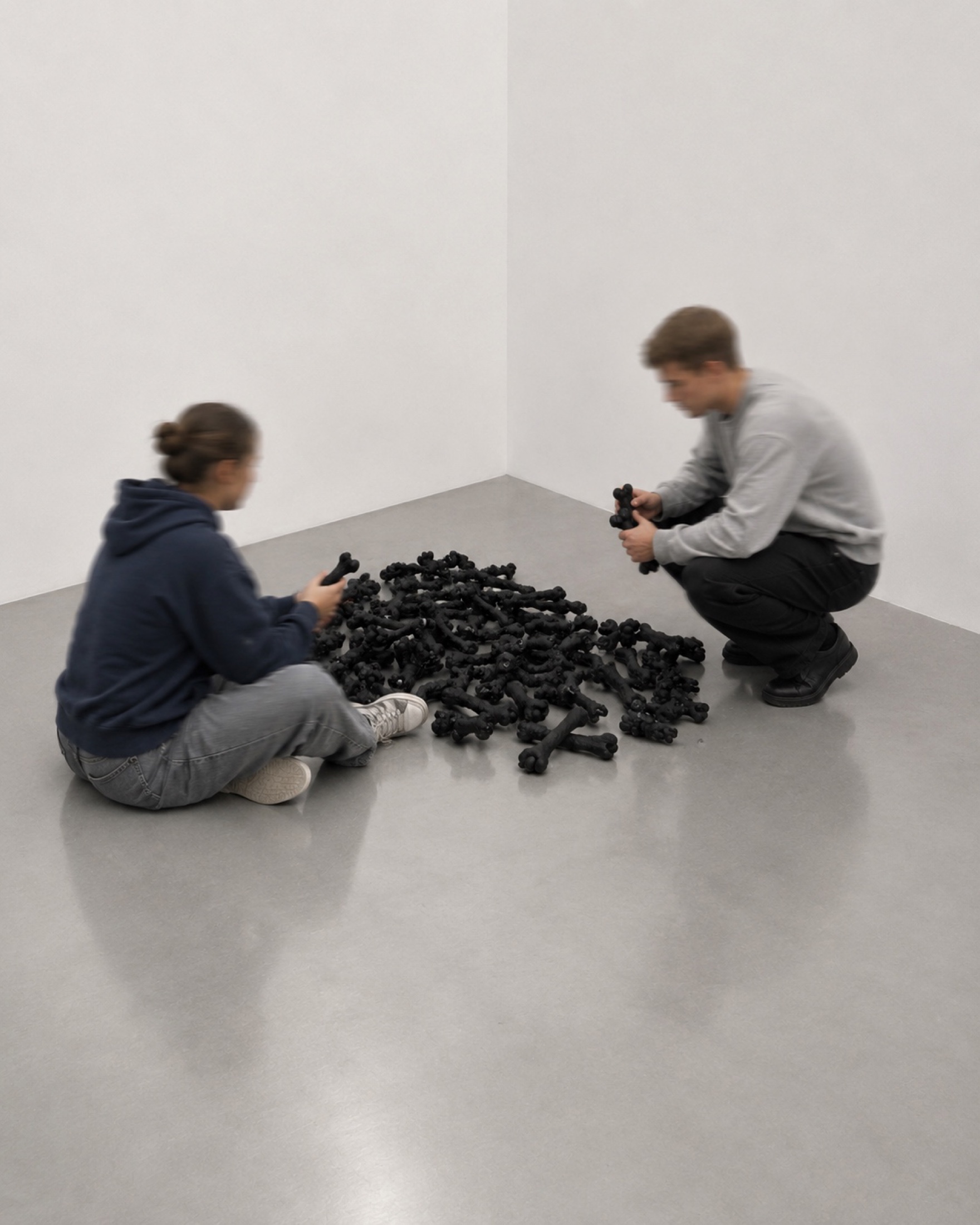 Two visitors sorting black Rebone organizm'os components on a gallery floor