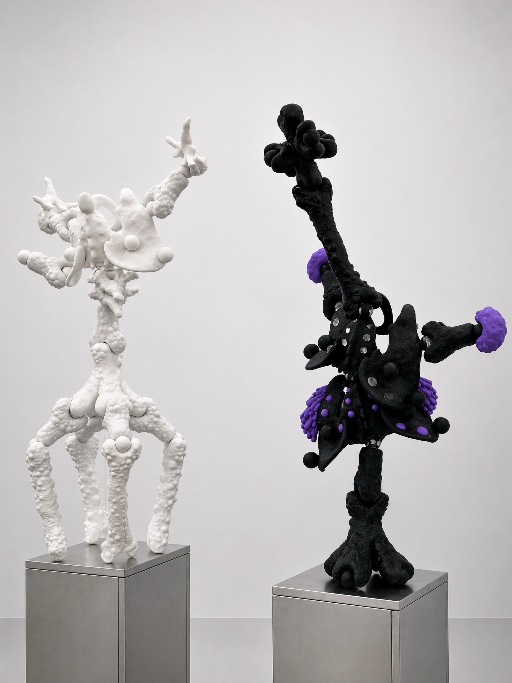 White and black Rebone organizm'os organisms on separate metal plinths