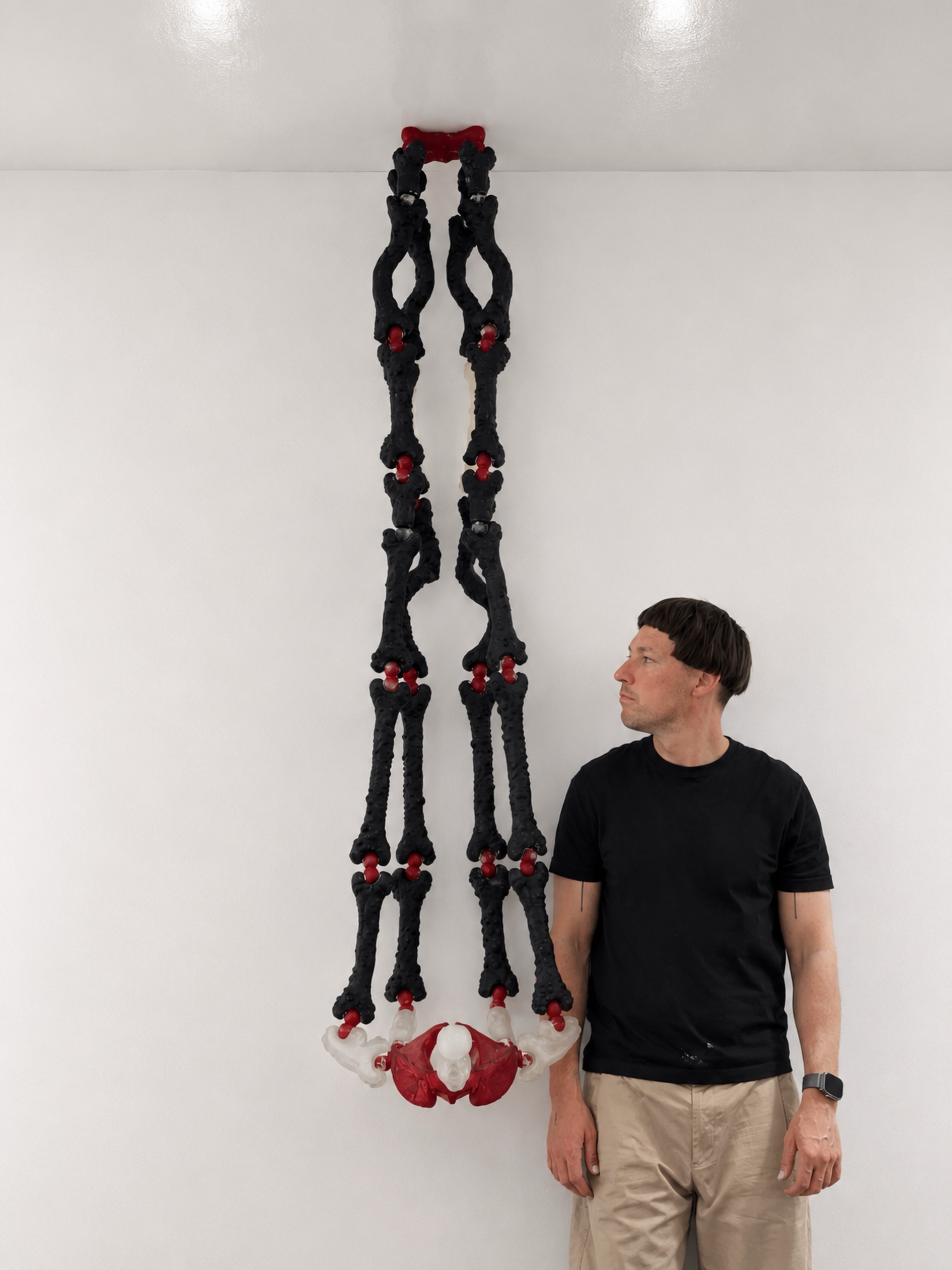 Long black and red Rebone organizm'os wall structure beside the artist
