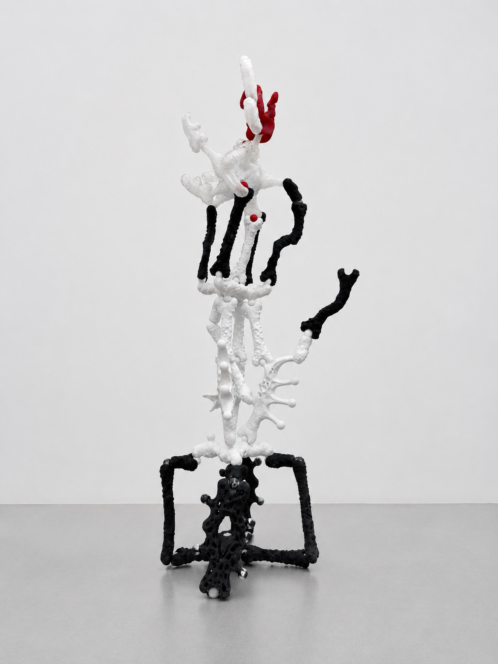 White and black Rebone organizm'os vertical structure on a metal plinth