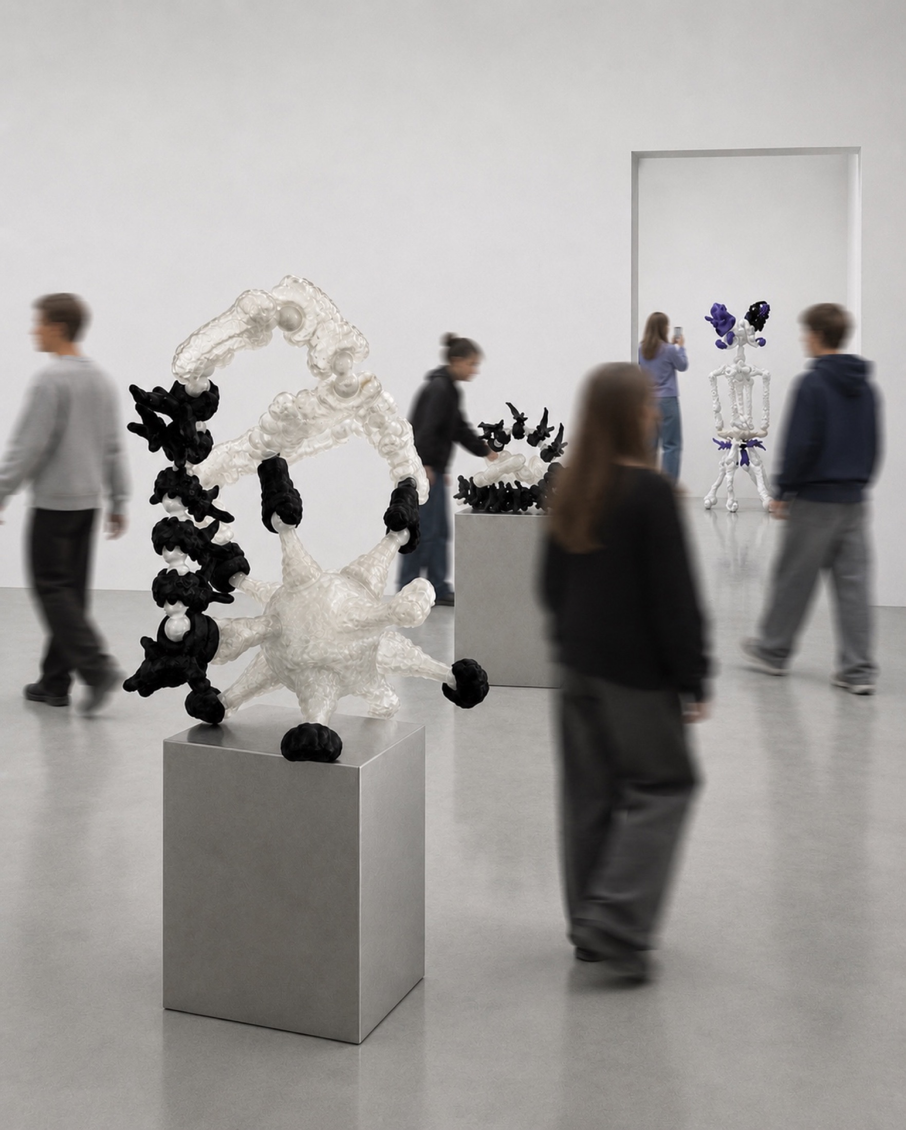 Gallery view with multiple Rebone organizm'os structures and visitors moving through the space