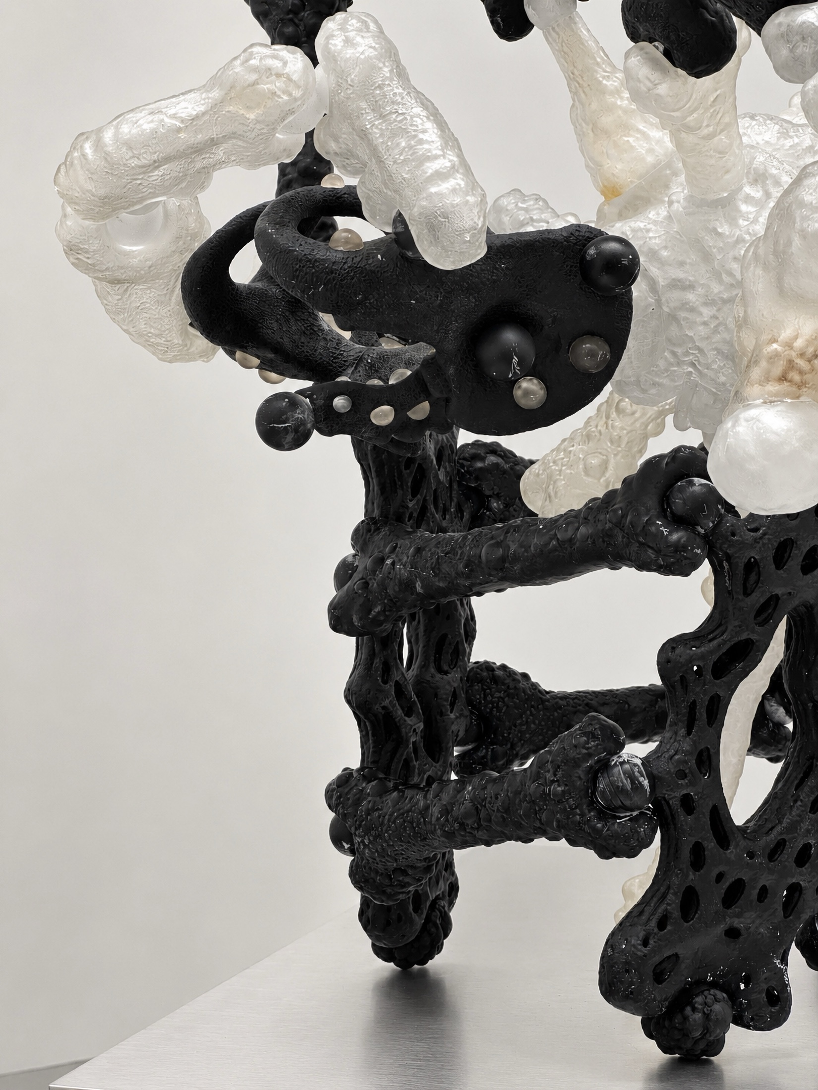 Close view of interlocked black and translucent Rebone organizm'os elements