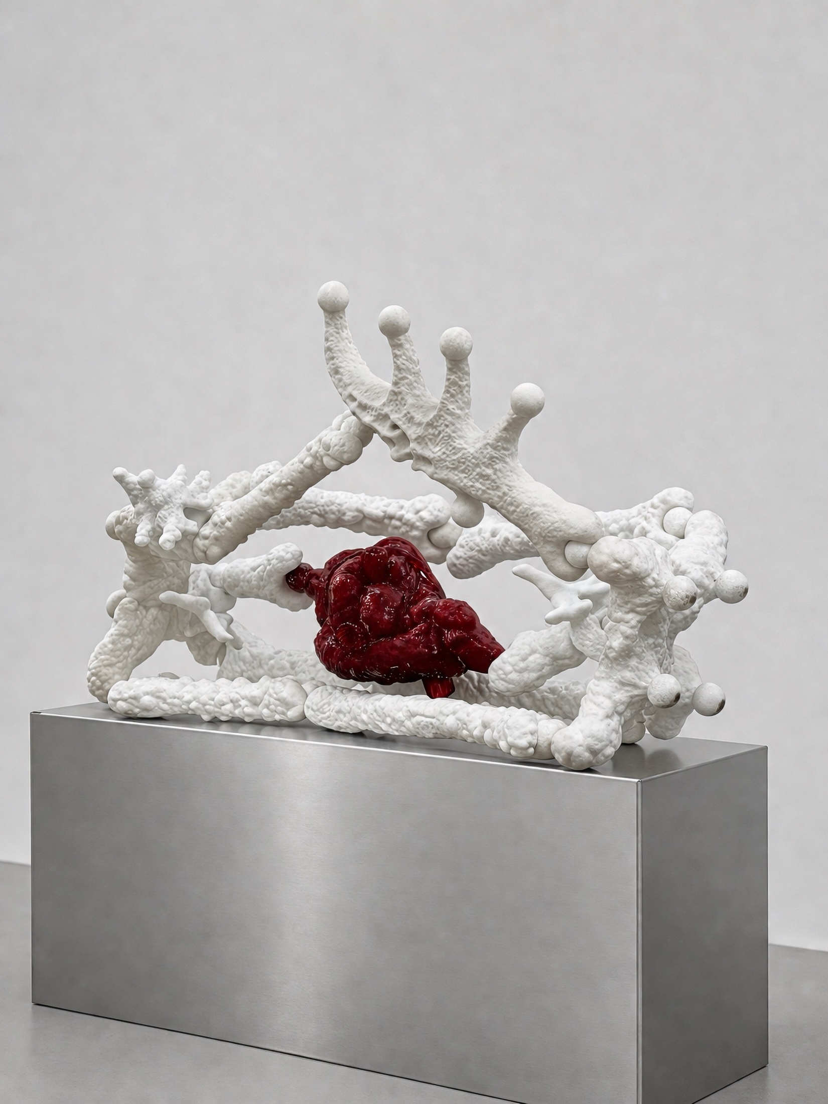 White Rebone organizm’os skeletal structure with a red organ element on a metal plinth