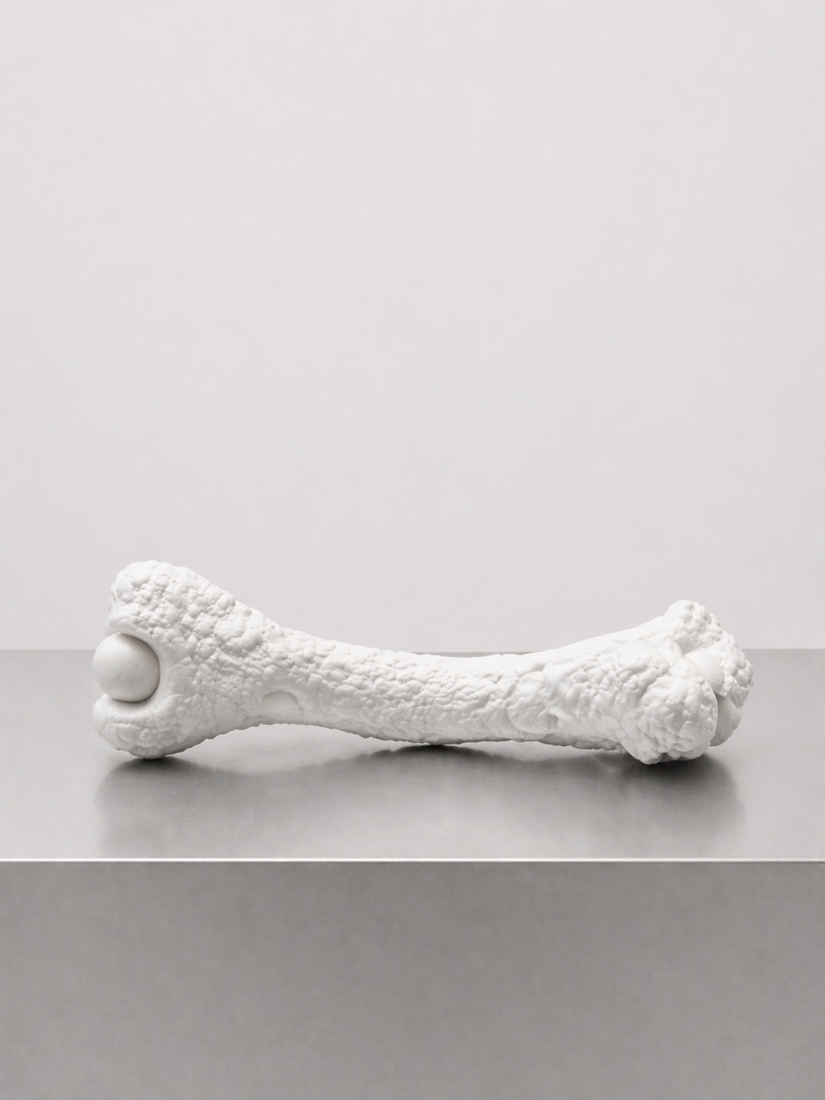 Single white Rebone organizm’os bone-like element on a metal plinth
