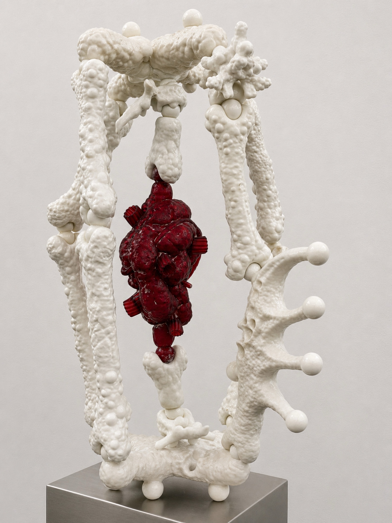 White Rebone organizm’os structure with a red organ suspended inside