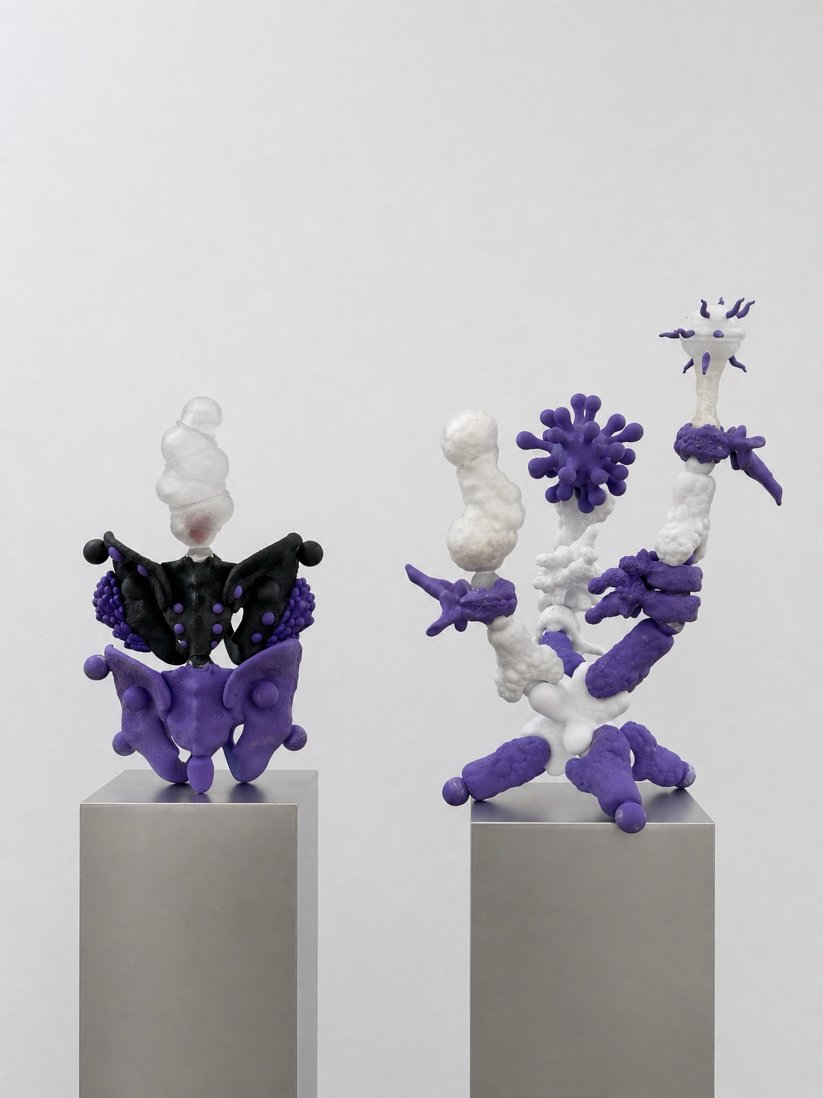Black and purple Rebone organizm’os object next to a white and purple structure