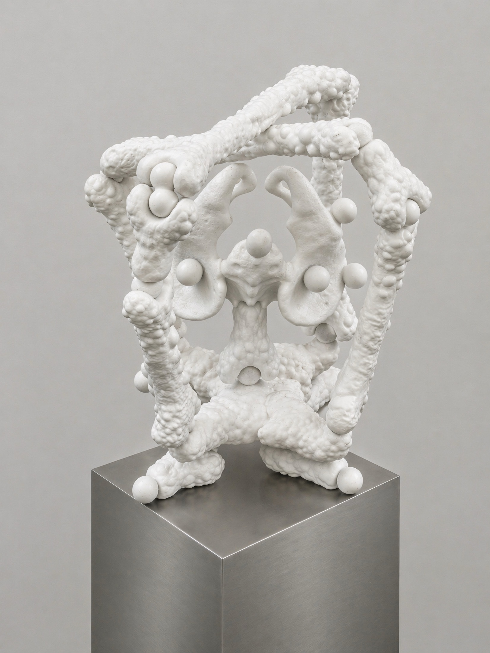 White Rebone organizm’os compact skeletal structure on a metal plinth