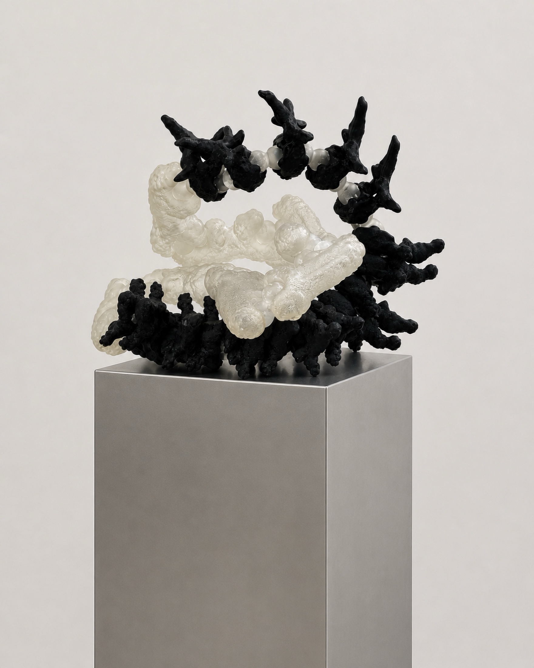 Black and translucent Rebone organizm’os assemblage on a metal plinth