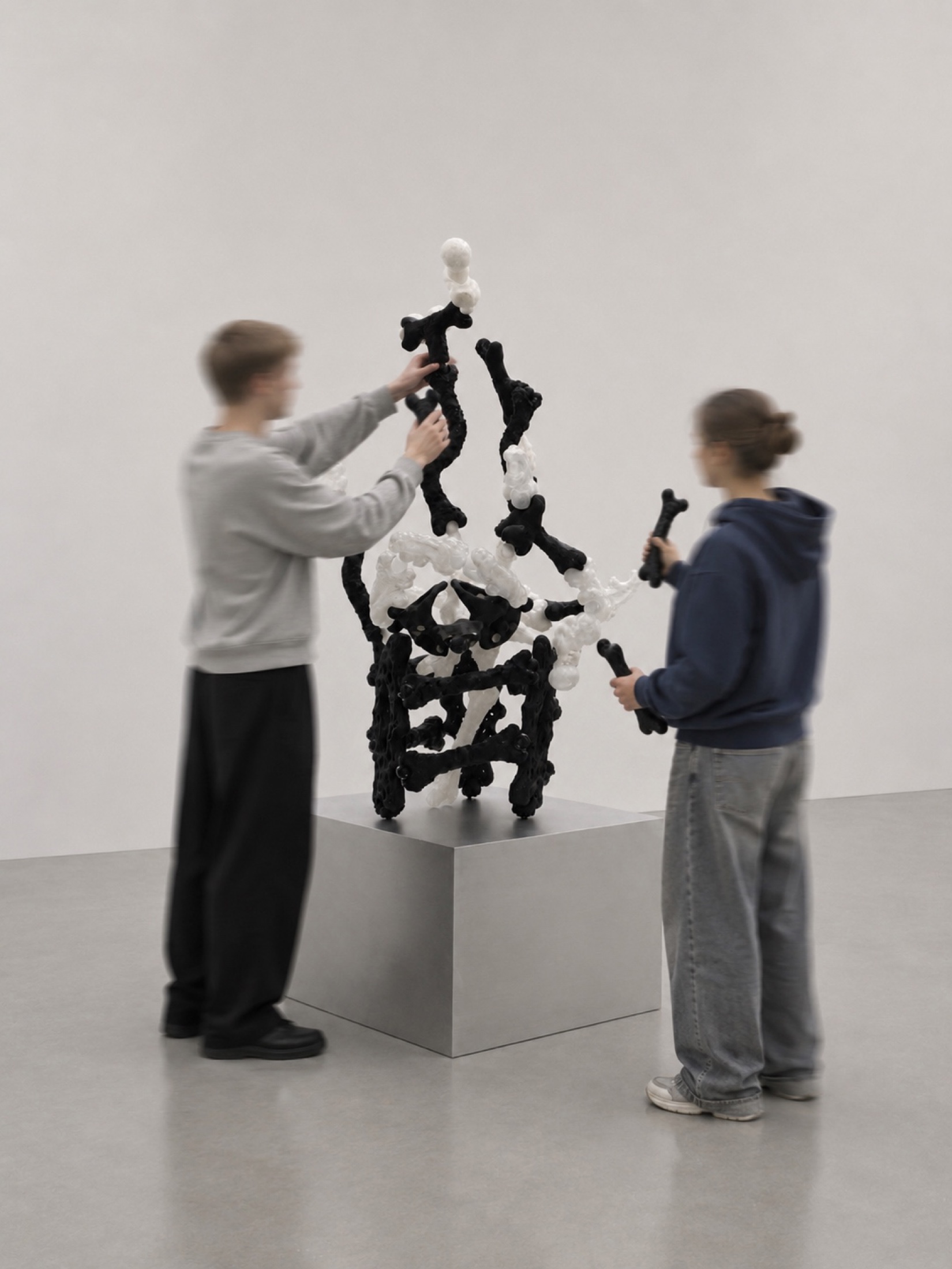 Two visitors assembling a black and white Rebone organizm’os structure