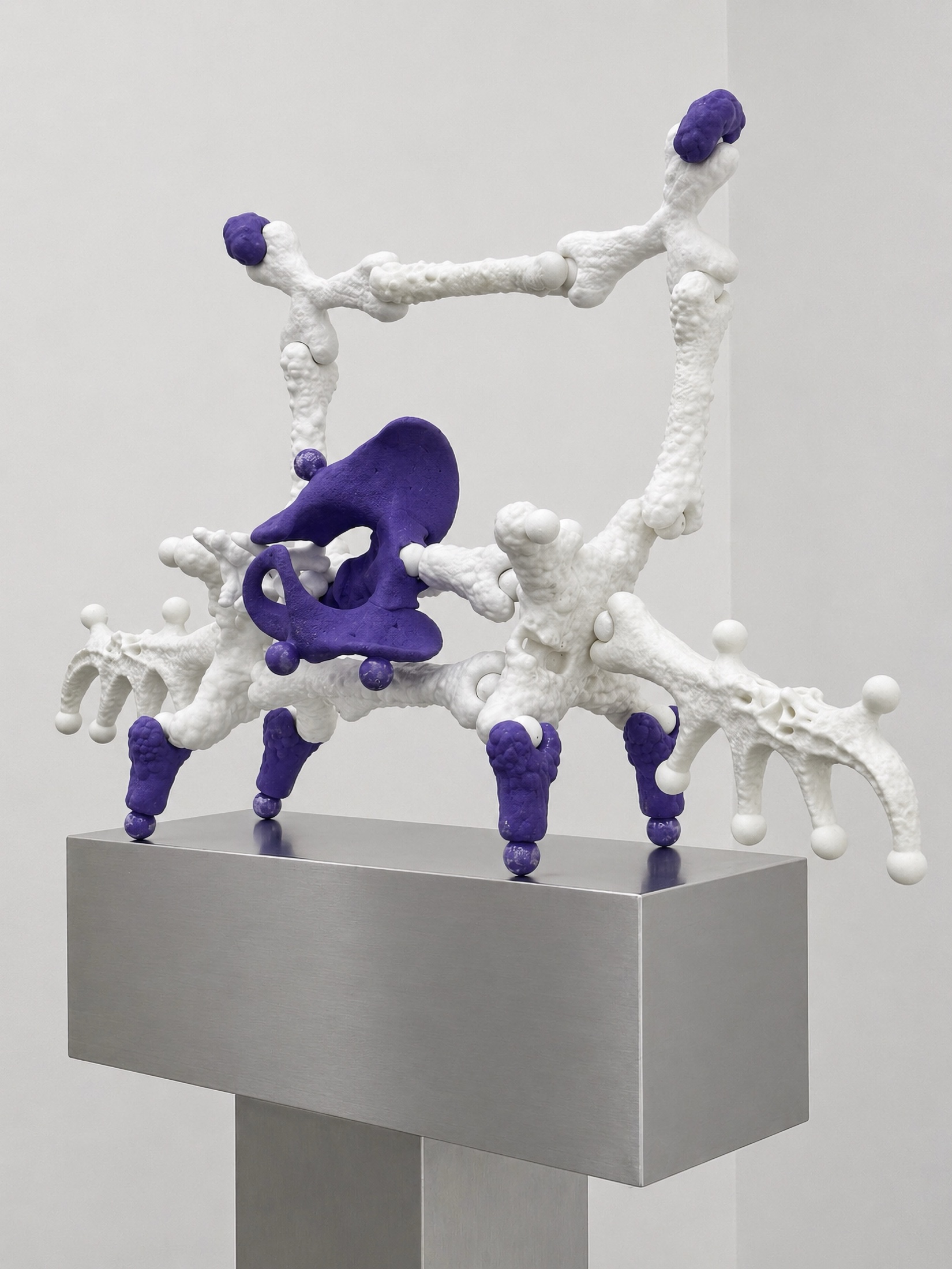 White and purple Rebone organizm’os temporary structure on a metal plinth