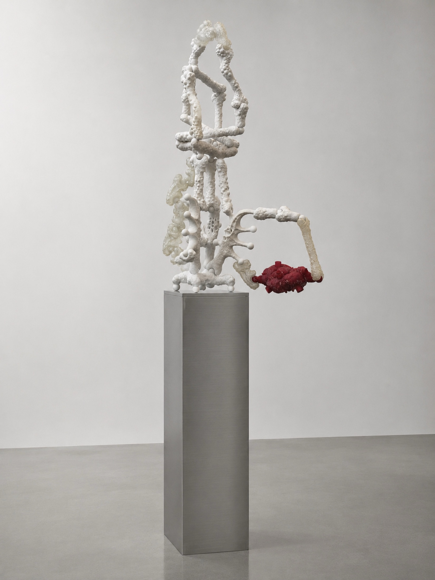 White Rebone organizm’os structure with red organ element on a tall metal plinth
