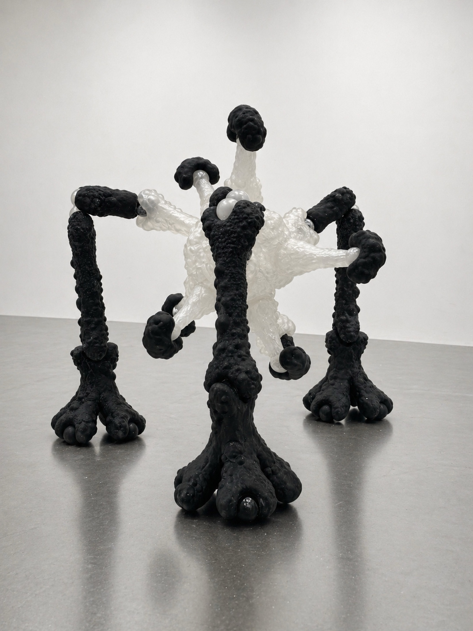 Black and translucent Rebone organizm’os organism standing on a metal floor