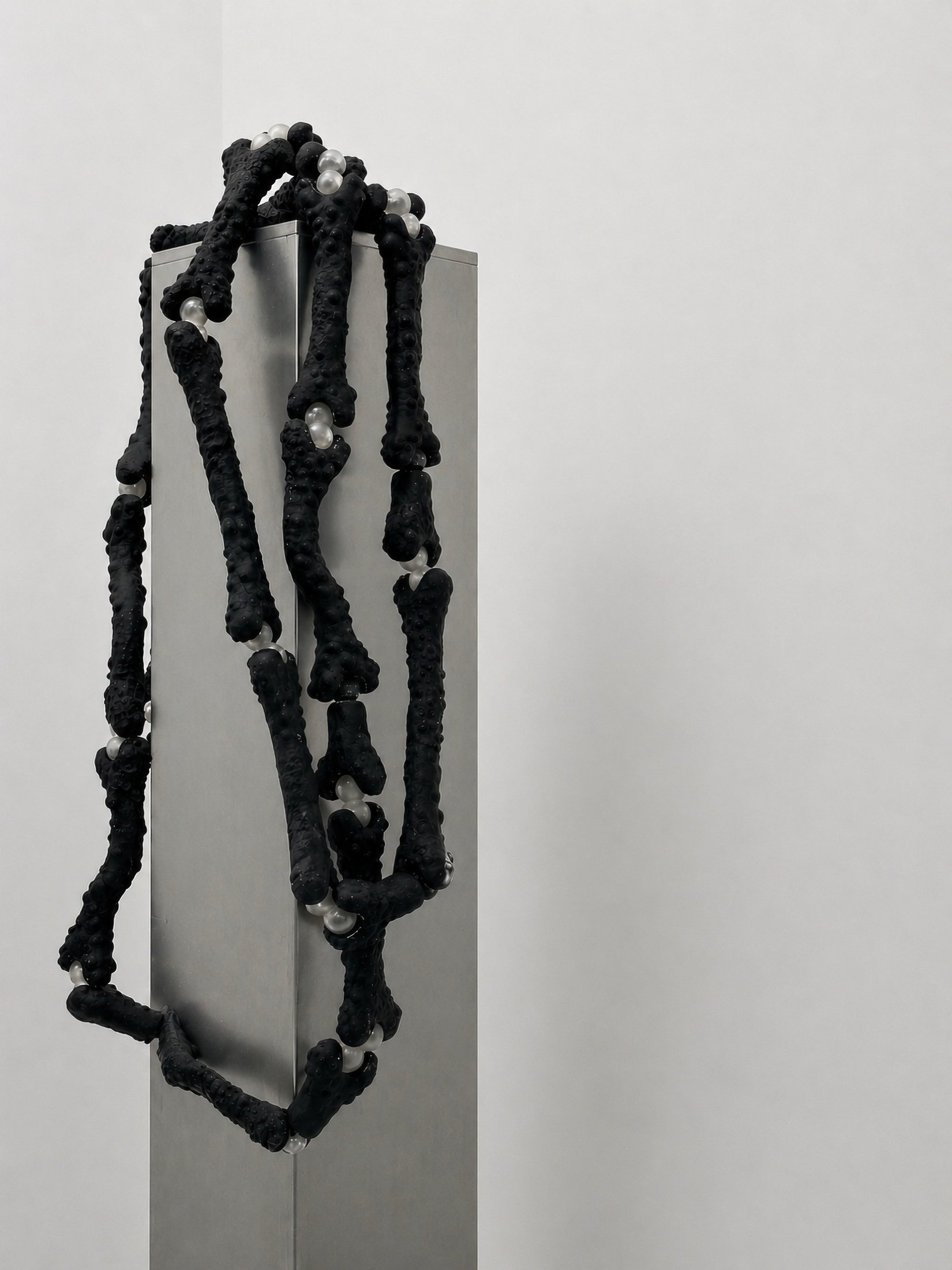 Black Rebone organizm'os hanging structure on a metal pedestal