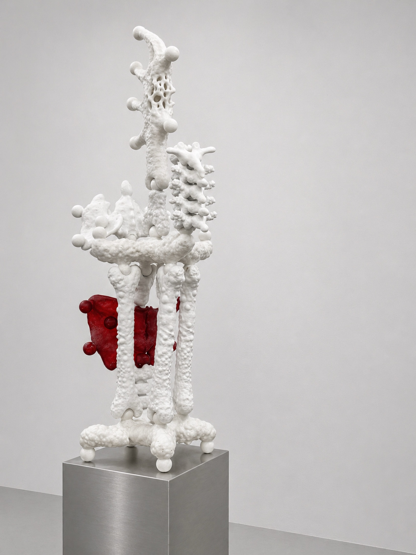 Tall white Rebone organizm'os skeleton with a red translucent organ on a metal plinth
