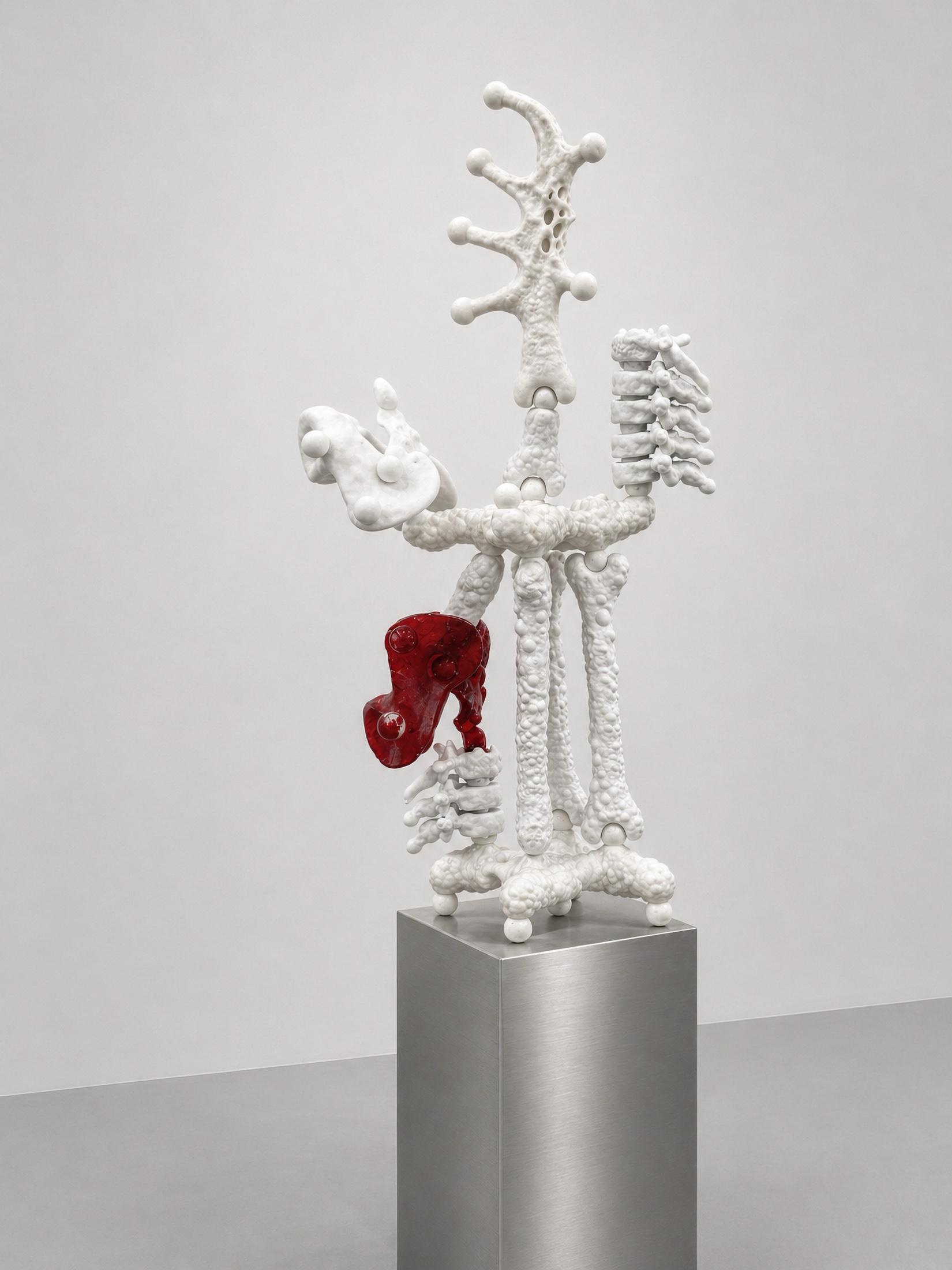 White Rebone organizm'os skeletal figure with a red translucent organ on a metal plinth