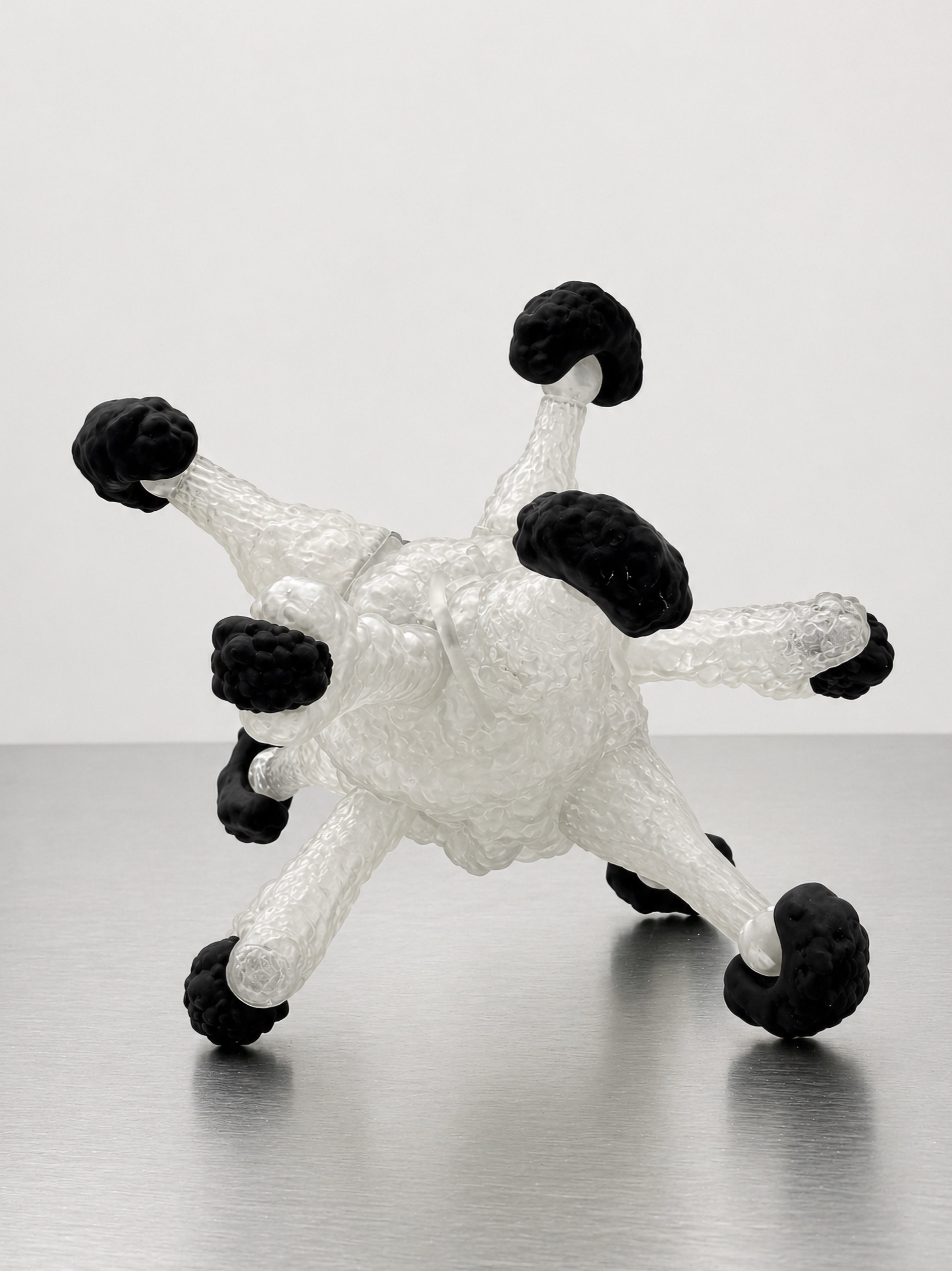 Translucent white Rebone organizm'os organism with black rounded ends on a metal surface