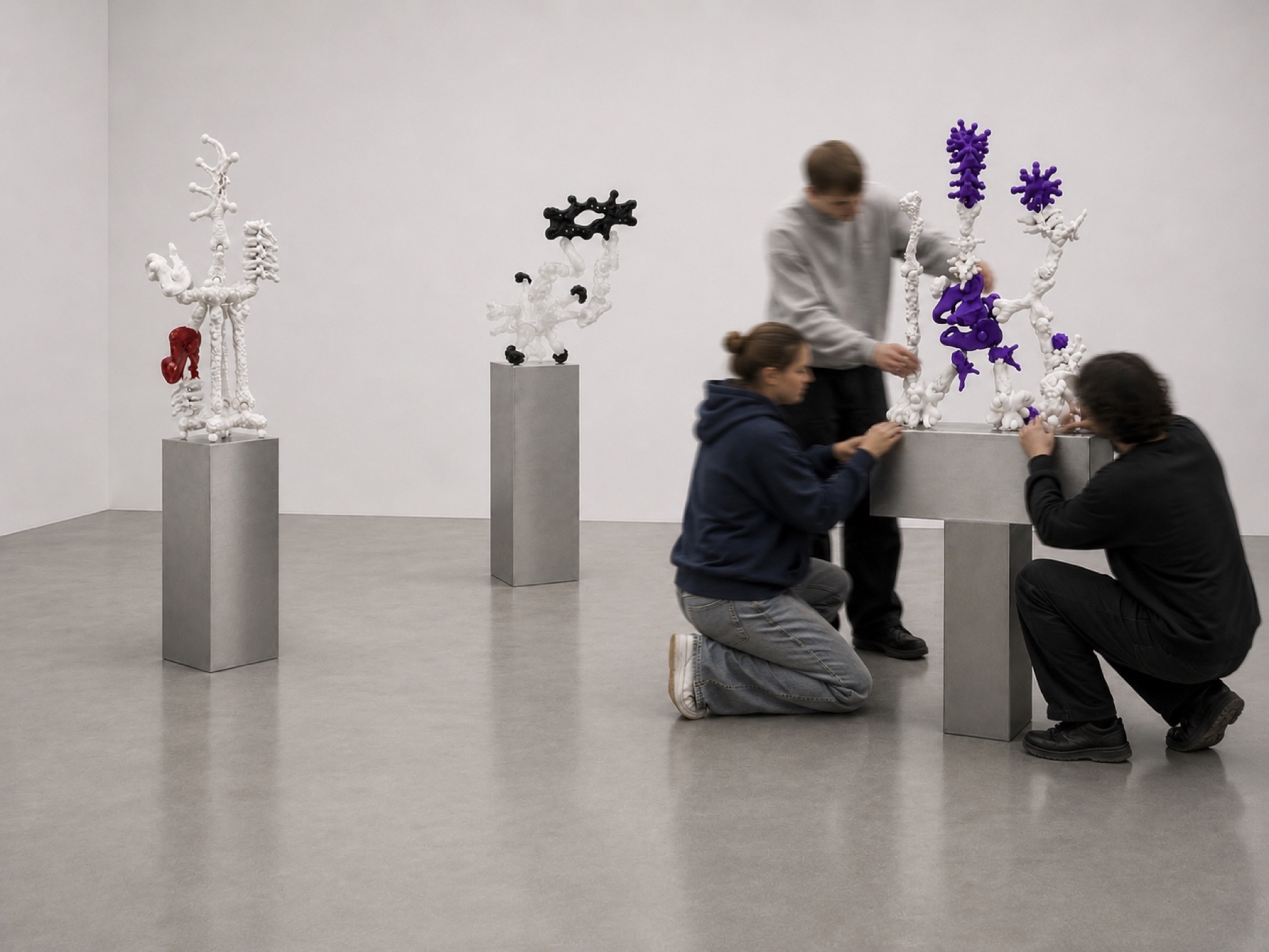 Visitors assembling Rebone organizm'os structures across several metal plinths in the gallery